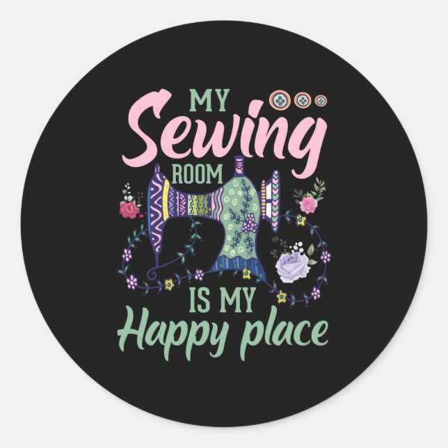 sewing room happy place word art classic round sticker (Front)