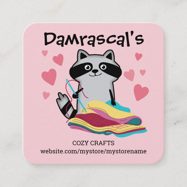 Sewing seamstress quilter quilting cute racoon square business card (Front)