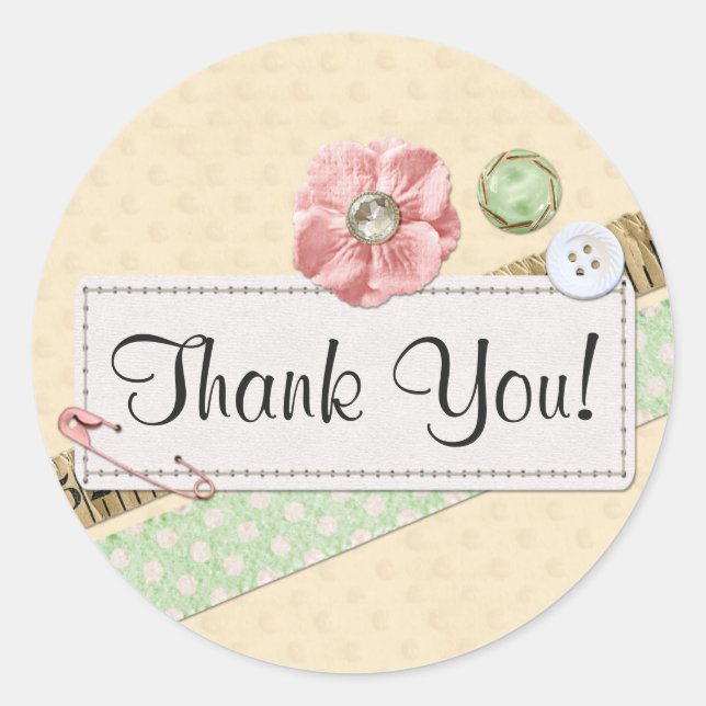Sewing Stitches, Buttons & Ribbon Shabby Thank You Classic Round Sticker (Front)