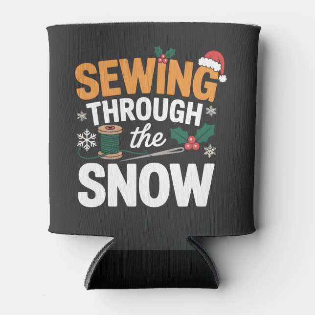 Sewing Through the Snow Funny Christmas Quilt Can Cooler (Front)