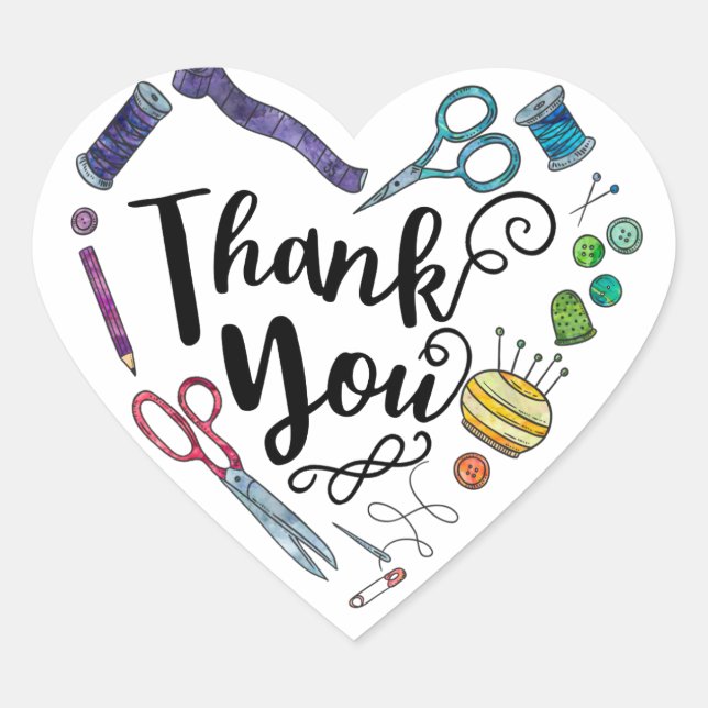 Sewing Tools Heart Thank You Stickers (Front)