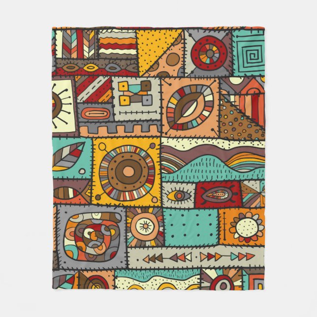 Sewn pieces of fabric in a patchwork style. Ethnic Fleece Blanket (Front)