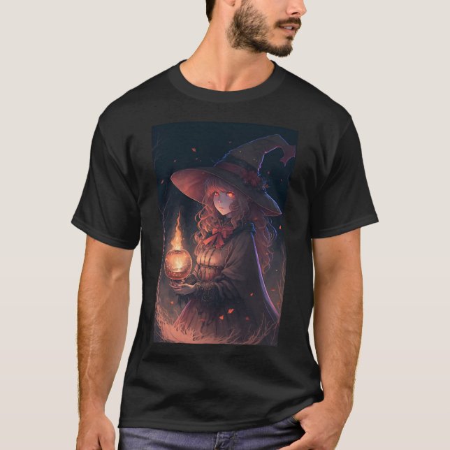 Sexy Anime Witch Holding Cute Lantern T-Shirt (Front)
