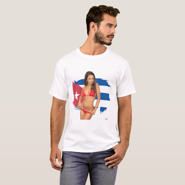 Sexy pin-up bikini girl on Cuba flag T-shirt (Front Full)