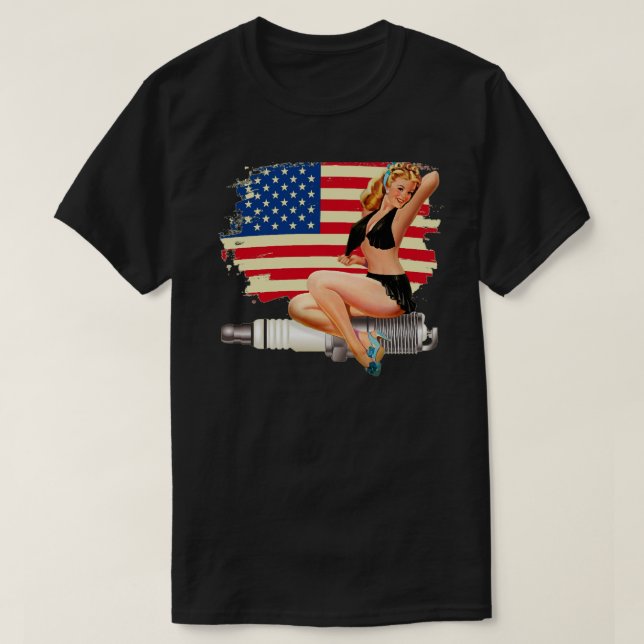 Sexy Pin Up Girl on Spark Plug - American Flag T-Shirt (Design Front)