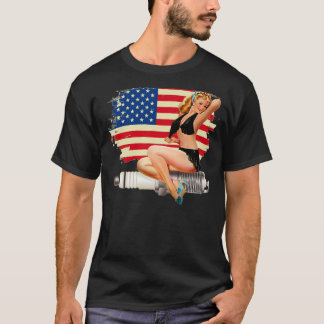 Sexy Pin Up Girl on Spark Plug - American Flag T-Shirt