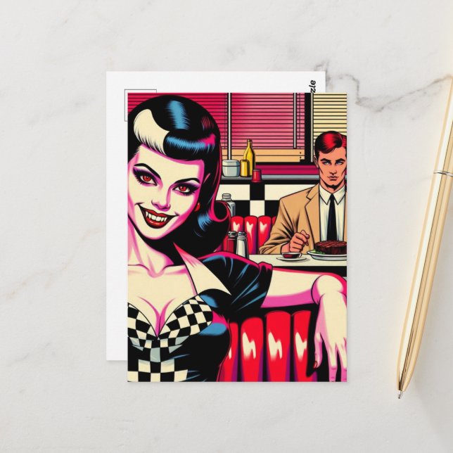 Sexy Vampire at the retro diner Postcard (Front/Back In Situ)