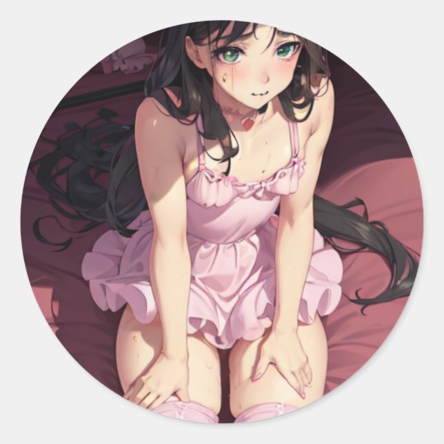 Sexy waifu, sexy young adult on bed classic round sticker (Front)
