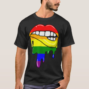 Sey Biting Dripping Lips LGBT Flag Rainbow Gay Pri T-Shirt
