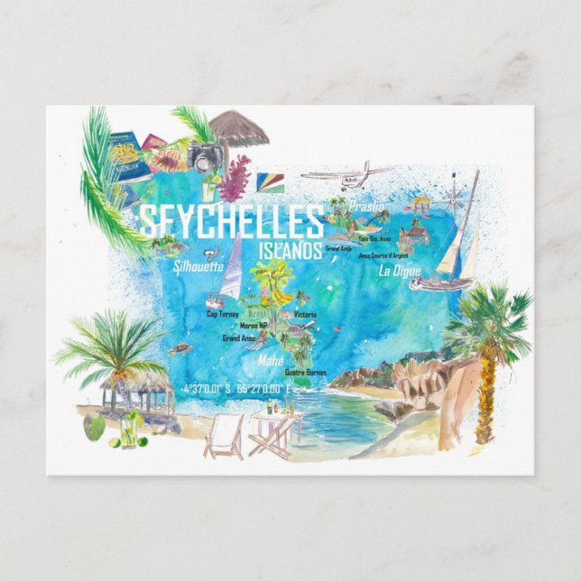Seychelles Islands Illustrated Travel Map  Postcard (Front)