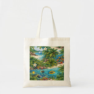 Seychelles Tropical Beach, Palm Trees & Coral Reef Tote Bag
