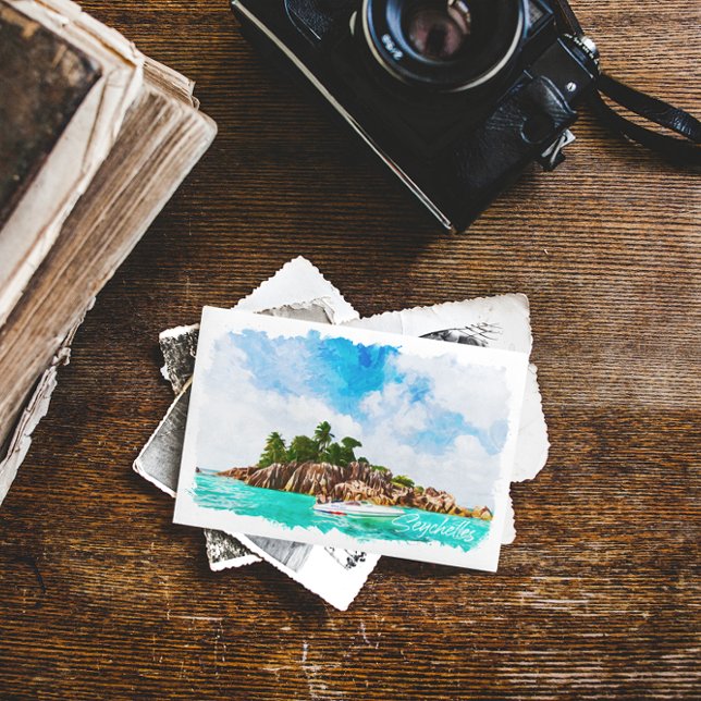 Seychelles tropical watercolor Illustration Postcard (Seychelles exotic destination postcard)