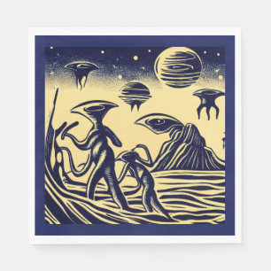 SF - Aliens On A Strange Planet Woodcut 1 Napkin