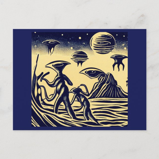 SF - Aliens On A Strange Planet Woodcut 1 Postcard (Front)
