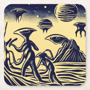 SF - Aliens On A Strange Planet Woodcut 1 Square Paper Coaster