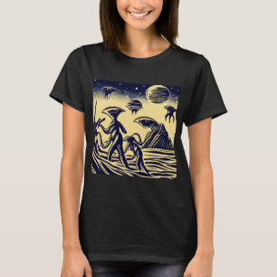 SF - Aliens On A Strange Planet Woodcut 1 T-Shirt