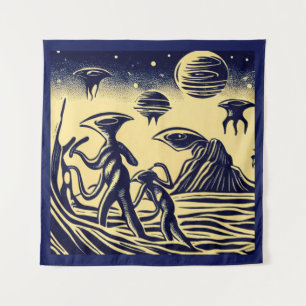 SF - Aliens On A Strange Planet Woodcut 1 Tapestry