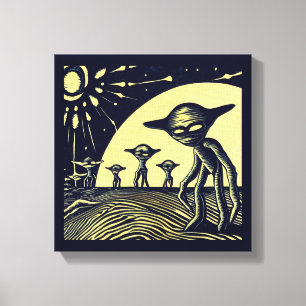 SF - Aliens On A Strange Planet Woodcut 2 Canvas Print