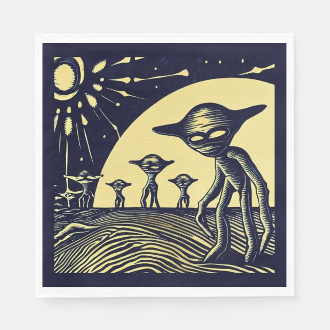 SF - Aliens On A Strange Planet Woodcut 2 Napkin (Front)