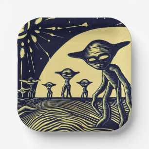 SF - Aliens On A Strange Planet Woodcut 2 Paper Plate