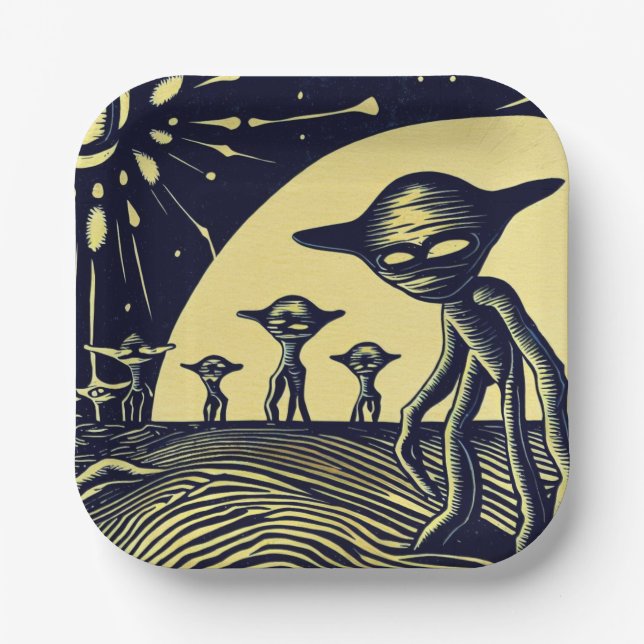 SF - Aliens On A Strange Planet Woodcut 2 Paper Plate (Front)