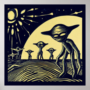 SF - Aliens On A Strange Planet Woodcut 2 Poster