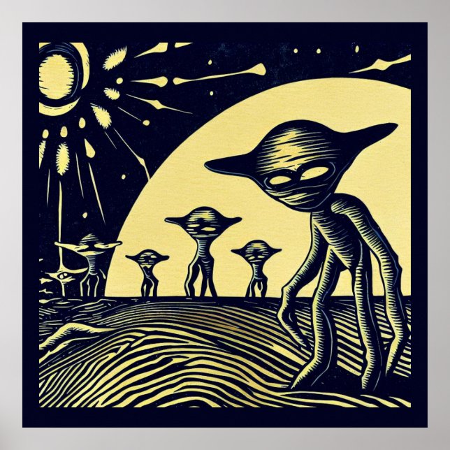 SF - Aliens On A Strange Planet Woodcut 2 Poster (Front)