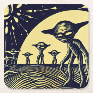 SF - Aliens On A Strange Planet Woodcut 2 Square Paper Coaster