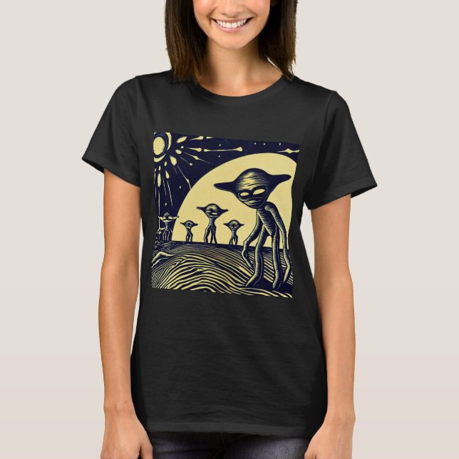 SF - Aliens On A Strange Planet Woodcut 2 T-Shirt (Front)