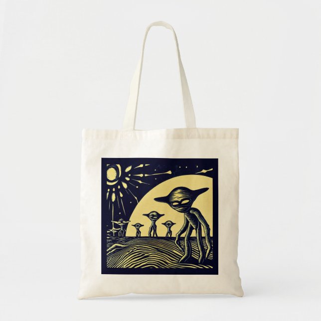 SF - Aliens On A Strange Planet Woodcut 2 Tote Bag (Front)