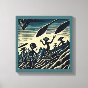 SF - Aliens On A Strange Planet Woodcut 3 Canvas Print