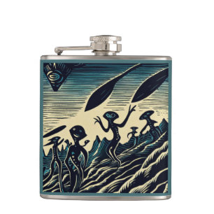 SF - Aliens On A Strange Planet Woodcut 3 Hip Flask
