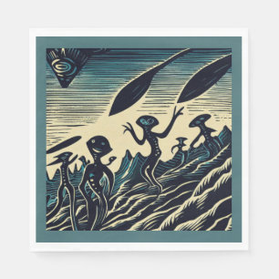 SF - Aliens On A Strange Planet Woodcut 3 Napkin