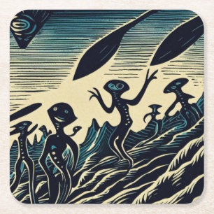 SF - Aliens On A Strange Planet Woodcut 3 Square Paper Coaster