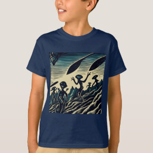 SF - Aliens On A Strange Planet Woodcut 3 T-Shirt