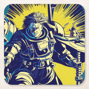 SF - Anime Hero Woodcut 1 Square Paper Coaster