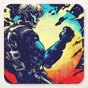 SF - Anime Hero Woodcut 2 Square Paper Coaster