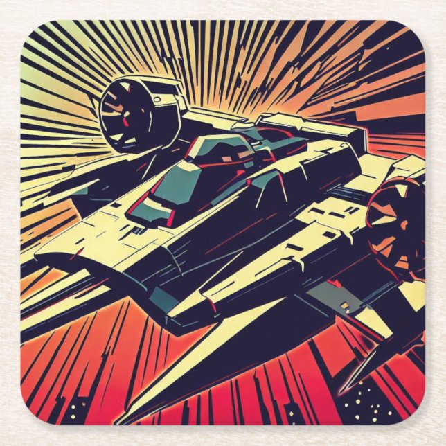 SF - Anime Starfighter Woodcut 1 Square Paper Coaster (Front)