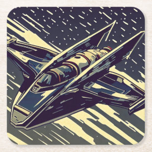 SF - Anime Starfighter Woodcut 4 Square Paper Coaster