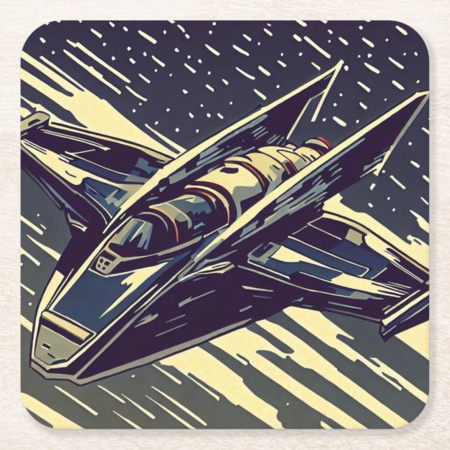 SF - Anime Starfighter Woodcut 4 Square Paper Coaster (Front)