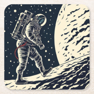 SF - Astronaut on Spacewalk Woodcut 1 Square Paper Coaster