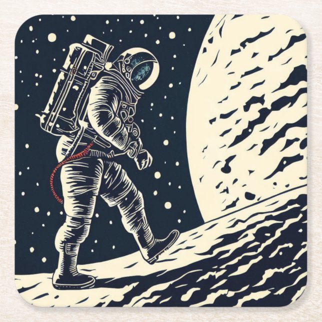 SF - Astronaut on Spacewalk Woodcut 1 Square Paper Coaster (Front)