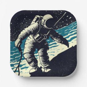 SF - Astronaut on Spacewalk Woodcut 2 Paper Plate