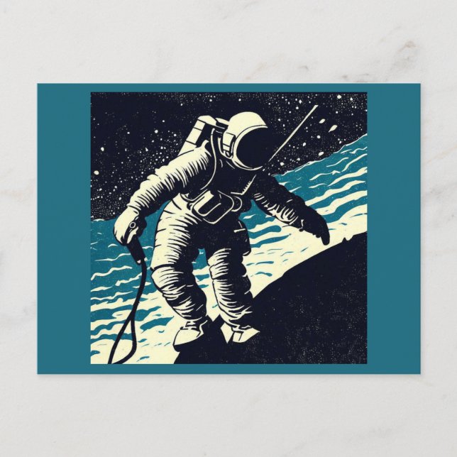 SF - Astronaut on Spacewalk Woodcut 2 Postcard (Front)