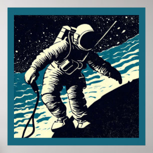 SF - Astronaut on Spacewalk Woodcut 2 Poster