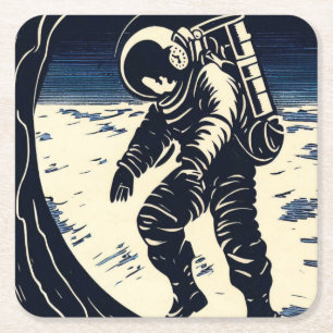 SF - Astronaut on Spacewalk Woodcut 3 Square Paper Coaster