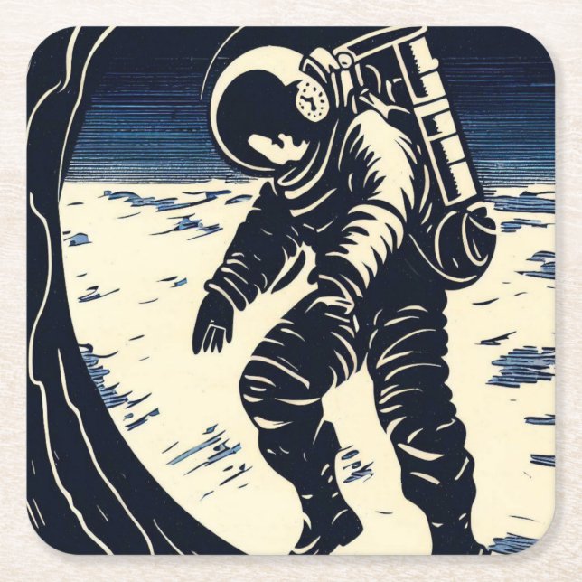 SF - Astronaut on Spacewalk Woodcut 3 Square Paper Coaster (Front)
