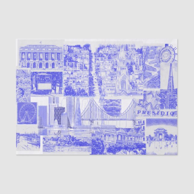SF Bay Area Icons Blue Ink Toile Tissue Paper (Front)