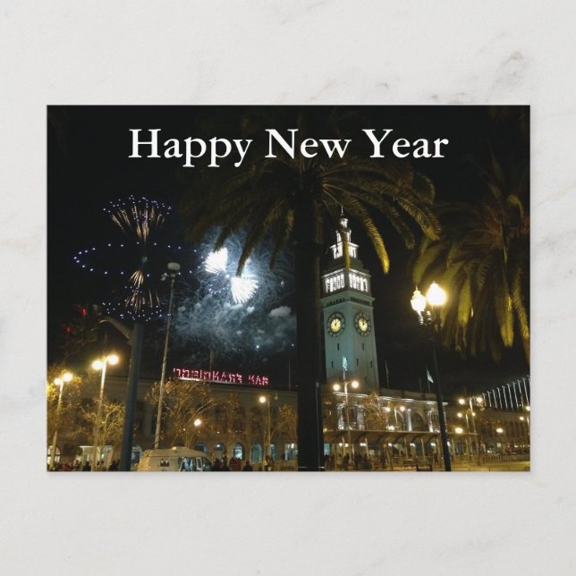 SF Ferry Building Fireworks New Year Postcard (Front)