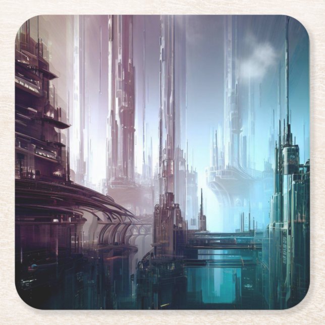SF Futuristic City 2 Square Paper Coaster (Front)